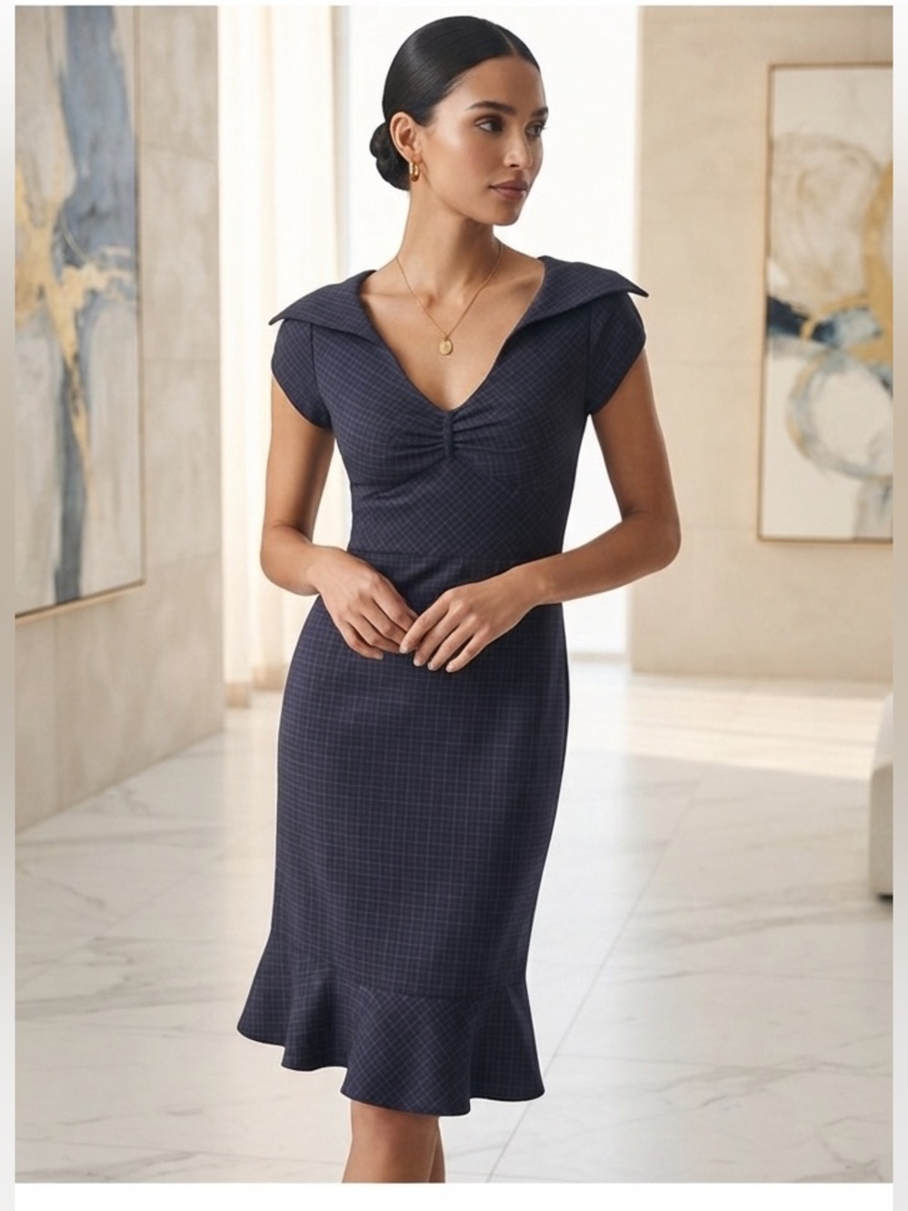 Anthropologie navy flounce hem cap sleeve dress